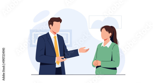 Businessman Explaining Ideas to Female Colleague, Professional Communication and Corporate Discussion Concept Flat Vector Illustration
