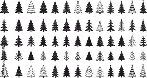 Large evergreen and Christmas tree silhouette vector set with minimalist solid shapes and decorative hand-drawn pine tree outlines for festive holiday season designs.