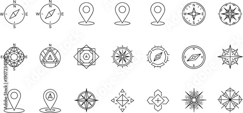 Large collection of navigation and wayfinding line icons featuring various compass designs, map location pointers, and north-south-east-west cardinal direction symbols.