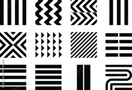 A versatile graphic design collection showcasing an exciting array of black and white geometric patterns, perfect for creating impactful modern visuals and abstract backgrounds
