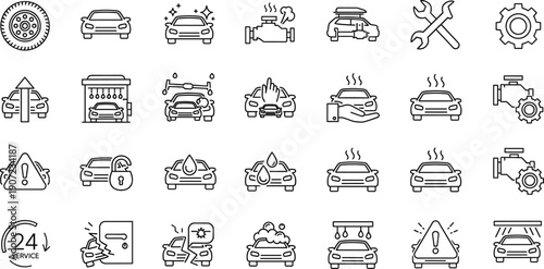 Large set of car service and automotive repair line icons featuring engines, tires, car wash, wrenches, vehicle diagnostics, and 24 hour roadside assistance symbols.