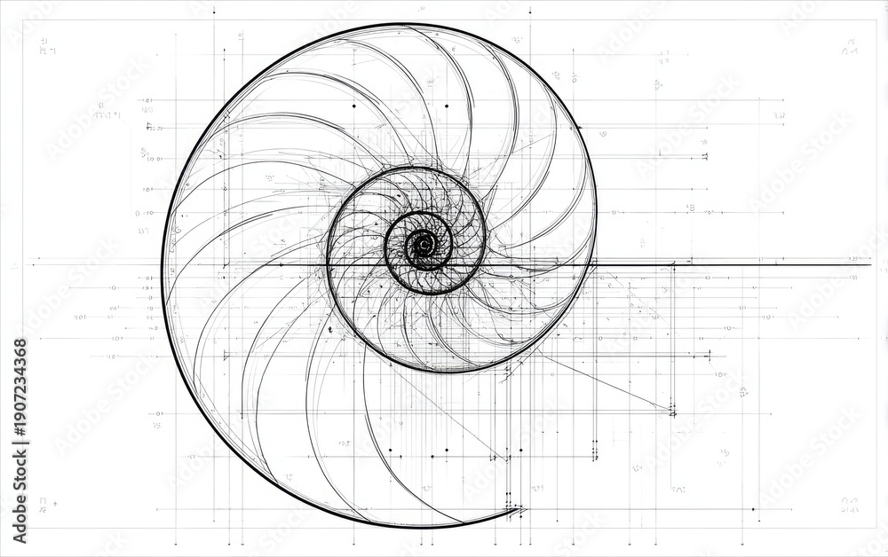 Obraz premium Detailed black and white illustration of a nautilus shell superimposed on a grid