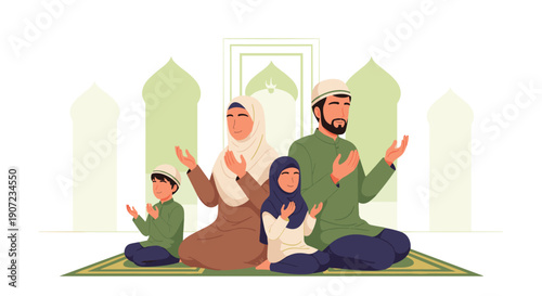 Family Pray Ramadhan Flat Minimalist Vector Illustration
