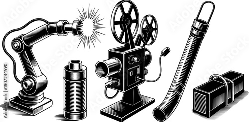 Industrial technology icons illustration, robotic welding arm, capacitor battery, vintage film projector, ventilation hose, portable equipment case, mechanical engineering concept