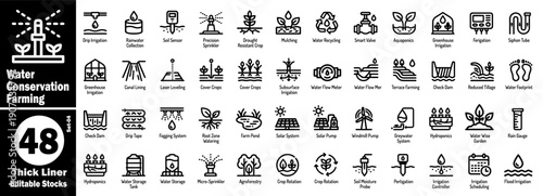 Water conservation farming icons for irrigation and agriculture set of modern thin line art symbols and pictograms for smart farming vector illustration.
