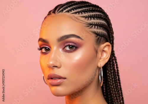 A woman with braided hair and pink makeup posing against a pink background.