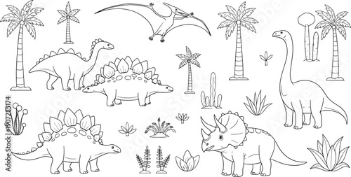 Cute dinosaur vector set with brachiosaurus, triceratops, stegosaurus, and pterodactyl in a prehistoric landscape with palm trees for children coloring book designs