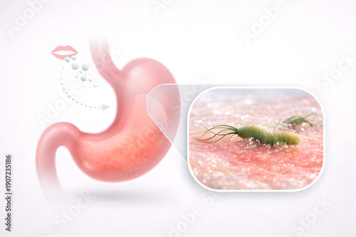 Photorealistic 3D visualization stomach mucosa showing Helicobacter pylori colonization: a few spiral-shaped bacteria with flagella embedded within the protective mucus layer near gastric epithelial s