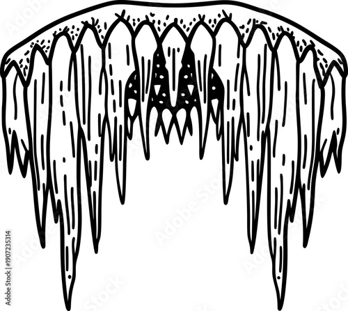 Icicles hanging from roof edge with sharp pointed shapes in winter season cold weather