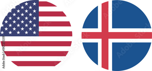 Round flag icons of United States of America and Iceland isolated on white