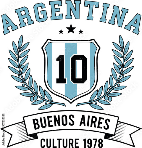 Vintage Argentina football emblem with number 10 shield laurel wreath and Buenos Aires text