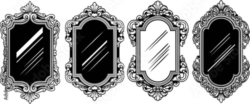 Ornate vintage mirrors with intricate carved frames, reflective surfaces in black and white design