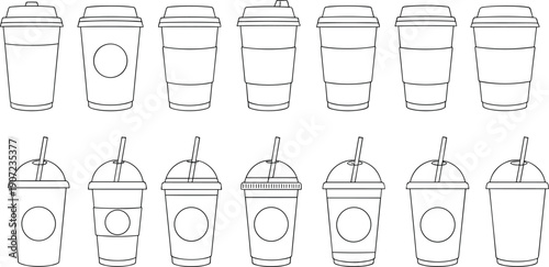 Disposable coffee cup and beverage container vector icon set with paper cups, plastic lids, straws, and sleeves for cafe branding and takeout menus.