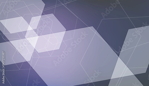 Abstract geometric pattern with blue, purple, and grey translucent overlapping hexagons and lines for modern design
