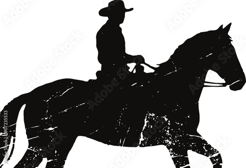 Silhouette of cowboy riding horse, western cowboy with hat on horseback