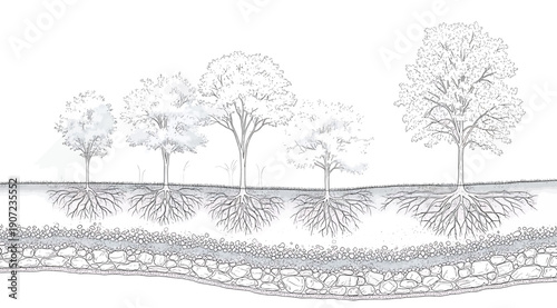 "Cross-sectional illustration of five trees with distinct root systems extending into textured soil layers of topsoil, subsoil, and rock, ecological drawing highlighting plant stability and nutrient a