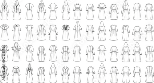 Fashion dress technical flat vector set with hooded dresses, button-down silhouettes, and various sleeve designs for garment manufacturing and apparel tech pack templates.