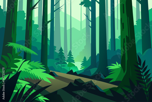 Serene green forest landscape with towering trees and lush foliage