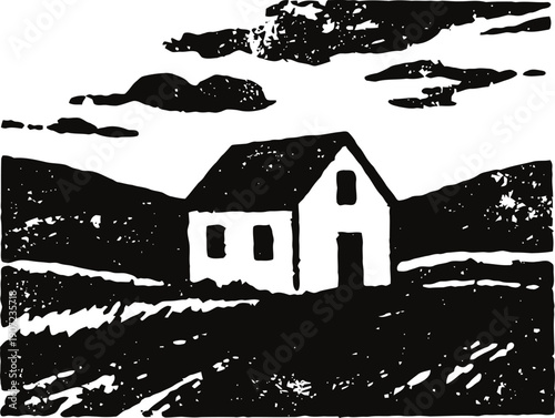 Rustic countryside house with rolling hills and dramatic clouds in black and white art