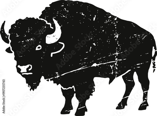 Black silhouette of bison with grunge texture, american buffalo standing side view illustration