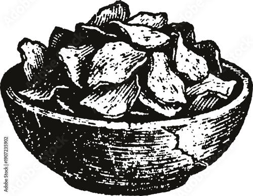 Rustic bowl filled with crispy potato chips, vintage hand drawn snack illustration