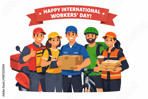 Flat Vector Illustration of Delivery Workers Standing Together for International Workers' Day