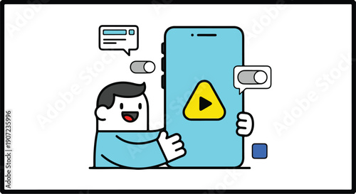Vector illustration of happy user holding smartphone with play button, toggles, and chat bubbles, UI UX design concept