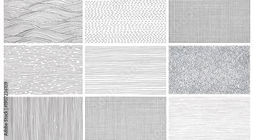 "Grid of nine grayscale texture patterns arranged in three rows and three columns, featuring wood grain, woven fabric, noise, and linear designs for artistic, material, and creative design application
