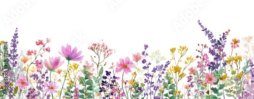 Watercolor illustration depicts a vibrant border of wildflowers with various colors on a white backdrop