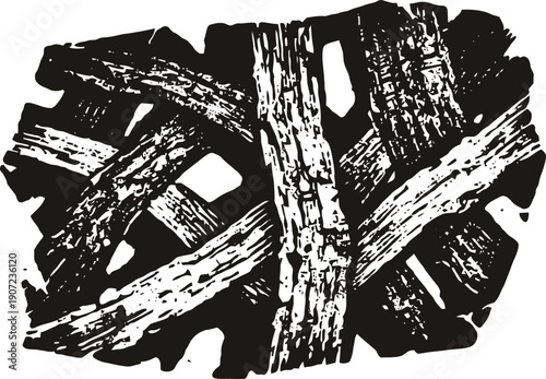 Abstract black and white wood texture crossed rough timber logs with detailed grain pattern and rustic illustration