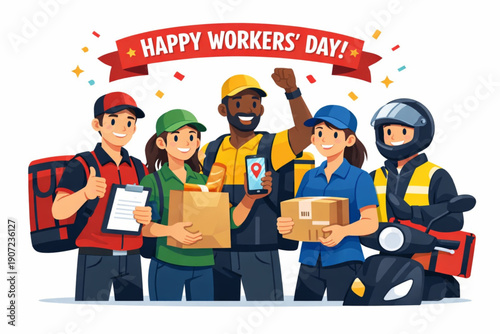 Flat Vector Illustration of Delivery Workers Standing Together for International Workers' Day