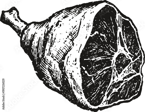 Vintage ham illustration detailed black and white cured meat drawing classic food engraving