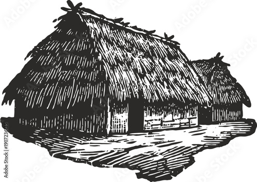 Traditional thatched roof cottages with wooden walls, rustic rural houses in old village