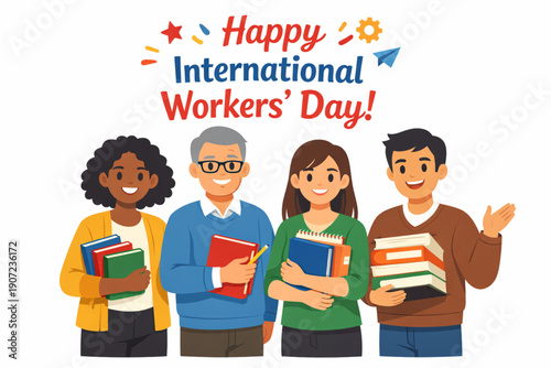 Flat Vector Illustration of Teachers Standing Together for International Workers' Day