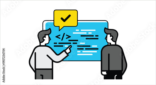 Two men reviewing code on a screen with a checkmark, vector illustration for software development, programming, and web design, isolated on white