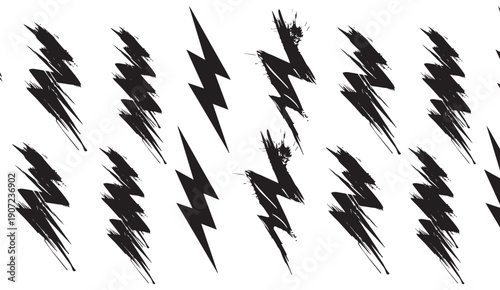 Grunge lightning bolt pattern in black and white with jagged shapes and distressed brush strokes for dynamic background design