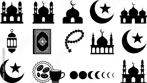 Islamic icons collection, mosque silhouette with crescent moon, lantern, Quran holy book, prayer beads tasbih, plate of dates, lunar phases, ramadan eid cultural heritage illustration