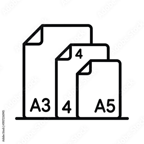A simple line drawing of three paper sheets in A3, A4, and A5 sizes on a white background