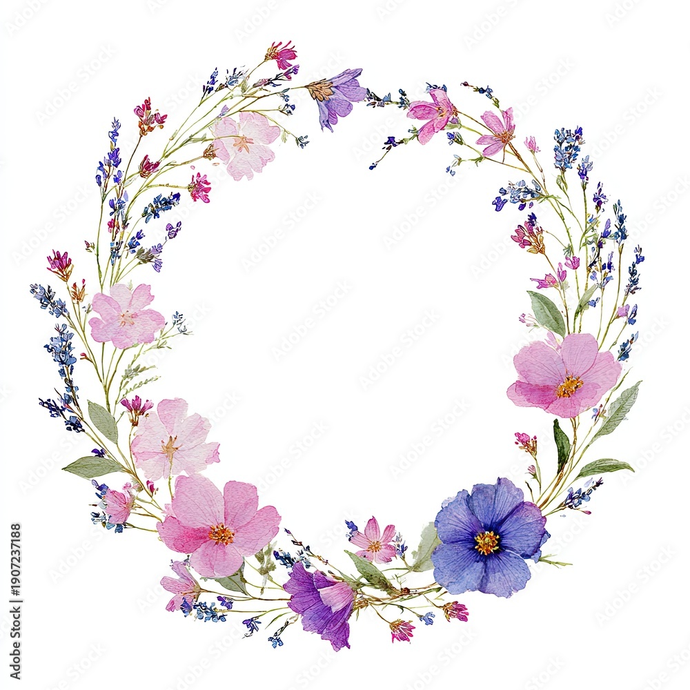 custom made wallpaper toronto digitalWatercolor floral wreath with pink, purple, and blue blossoms and green leaves