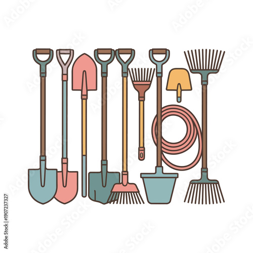 A collection of gardening tools neatly arranged on a white background