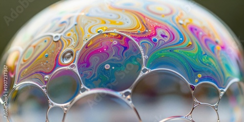 Soap film displays iridescent hues. Soap bubbles show macro mosaic details. Soap film forms an abstract pattern.