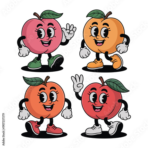 A colorful illustration of four cartoon apples and peaches with smiling faces and waving hands.