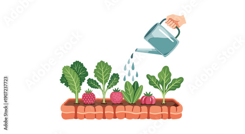 A hand waters a garden of healthy vegetables growing in an intestine-shaped planter, symbolizing cultivating gut health.