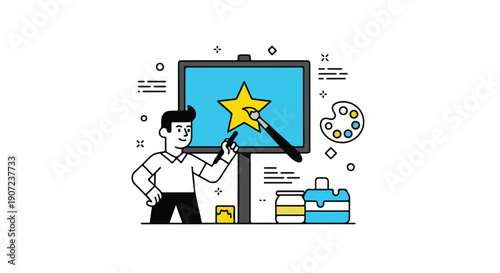 Vector illustration of a man painting a yellow star on a blue screen, artist with palette and paint cans, isolated on white