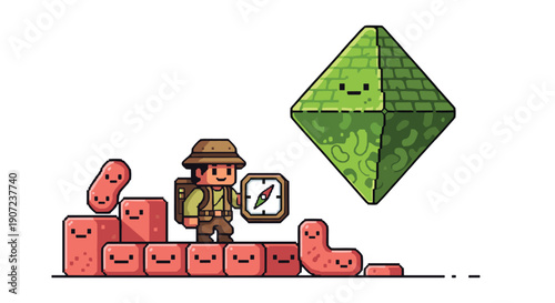 A pixel art explorer with a compass navigates a path of microbes, symbolizing the scientific exploration of the gut microbiome.