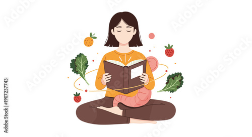A woman meditates while reading about nutrition, with healthy foods and her digestive system, promoting mindful eating concepts.