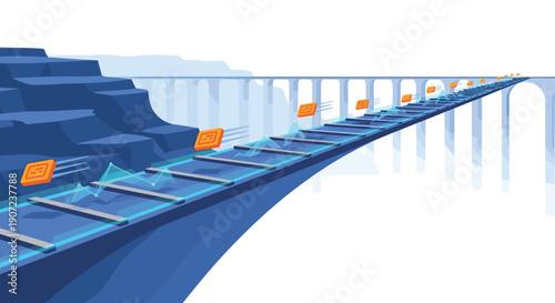 Data packets stream rapidly across a long technological bridge, representing high-speed information transfer and connectivity.