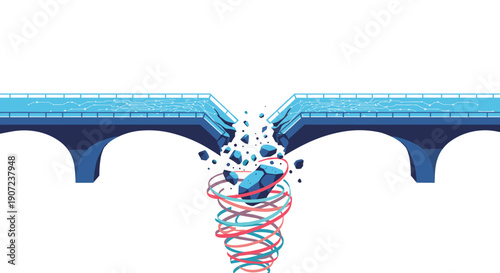 A bridge with a circuit board pattern collapses into a swirling vortex, symbolizing a communication breakdown or system failure.