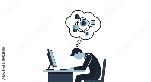 A tired person slumped at a computer desk with a chaotic thought bubble, illustrating burnout, stress, or complex problem-solving.