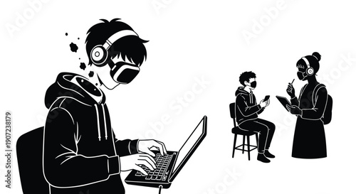A person immersed in a virtual world on a laptop while others interact nearby, depicting themes of digital isolation and technology.
